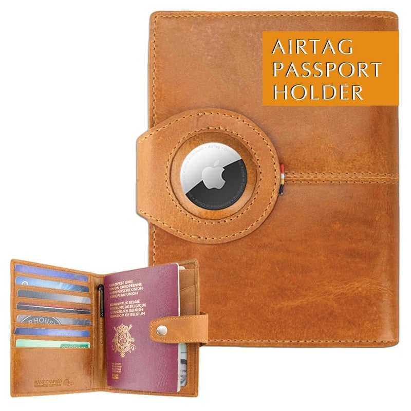 GARZINI حامل جواز سفر GARZINI مع AirTag، محفظة جواز سفر مع RFID، ملحقات السفر، حامل مستندات السفر مع نافذة هوية، حامل جواز سفر جلد لـ 7 بطاقات، لون كوجناك المصقول - Image 1