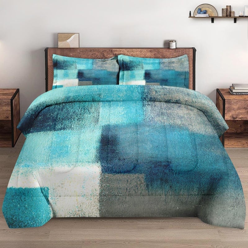 Wecozy Full Size Comforter Set With 2 Pillowcases  Painting Contemporary Teal Turquoise Grey Soft 3 Pcs Bedding For Kids And Adults Bedroom Bed Decor - Image 1