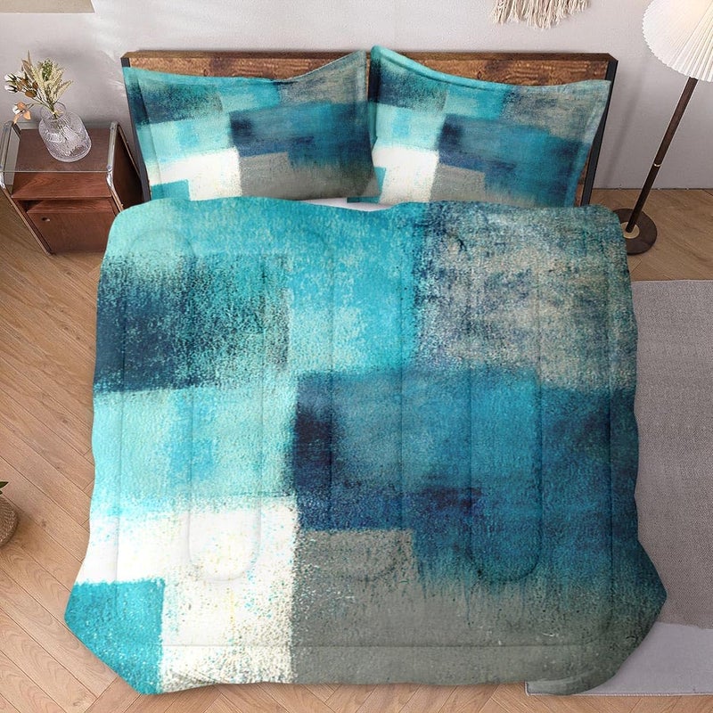 Wecozy Full Size Comforter Set With 2 Pillowcases  Painting Contemporary Teal Turquoise Grey Soft 3 Pcs Bedding For Kids And Adults Bedroom Bed Decor - Image 2