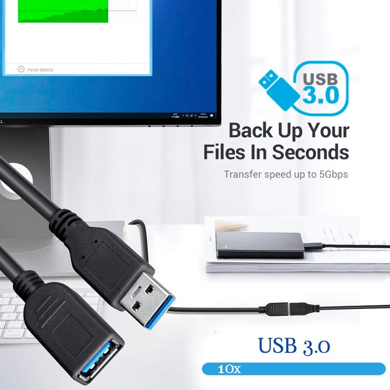 Storite حزمة 2 كابل تمديد USB 3.0 ذكر إلى أنثى عالي السرعة 5Gbps لنقل البيانات للوحة المفاتيح، الفأرة، محرك الفلاش، القرص الصلب، الطابعة والمزيد - أسود - Image 3