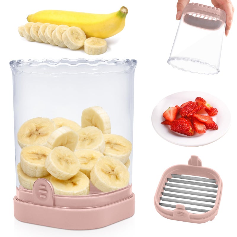 CEHNCEH New Fruit Slicer Cup - Strawberry Cutter Fruit and Vegetable Speed Slicer with Push Plate - Stainless Steel Cup Slicer Egg Slicer Fruit Slicer Banana Strawberry Slicer Cup (Pink) - Image 1