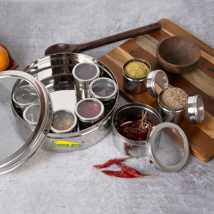 SEE THROUGH NEELAM MASALA DABBA STAINLESS STEEL SPICES CONTAINER KITCHEN USE DABBA MUTIPURPOSE CONTAINER 9 SMALL CONTAINER AIR TIGHT 225 CM DIAMETER PACK OF 1 SILVER