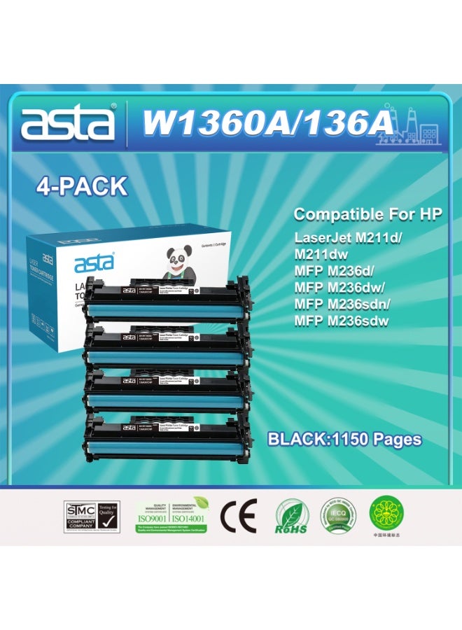 Asta 4-PACK ASTA W1360A 136A  With Chip Black Easy Installation Toner Cartridge Compatible For HP LaserJet M211D M211Dw MFP M236D M236Dw M236Sdn M236Sdw Printer High Performance Good Print Quality Buy More Get More Discounts - Image 1
