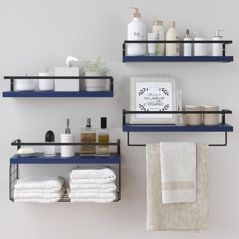 LUDORU Wood Floating Shelves Wall Mounted - 4+1 Tier Rustic Bathroom Wall Shelves Over Toilet with Wire Storage Basket and Towel Bar, set of 4 Farmhouse Floating Shelf for Bathroom, Kitchen,Navy Blue. - Image 1