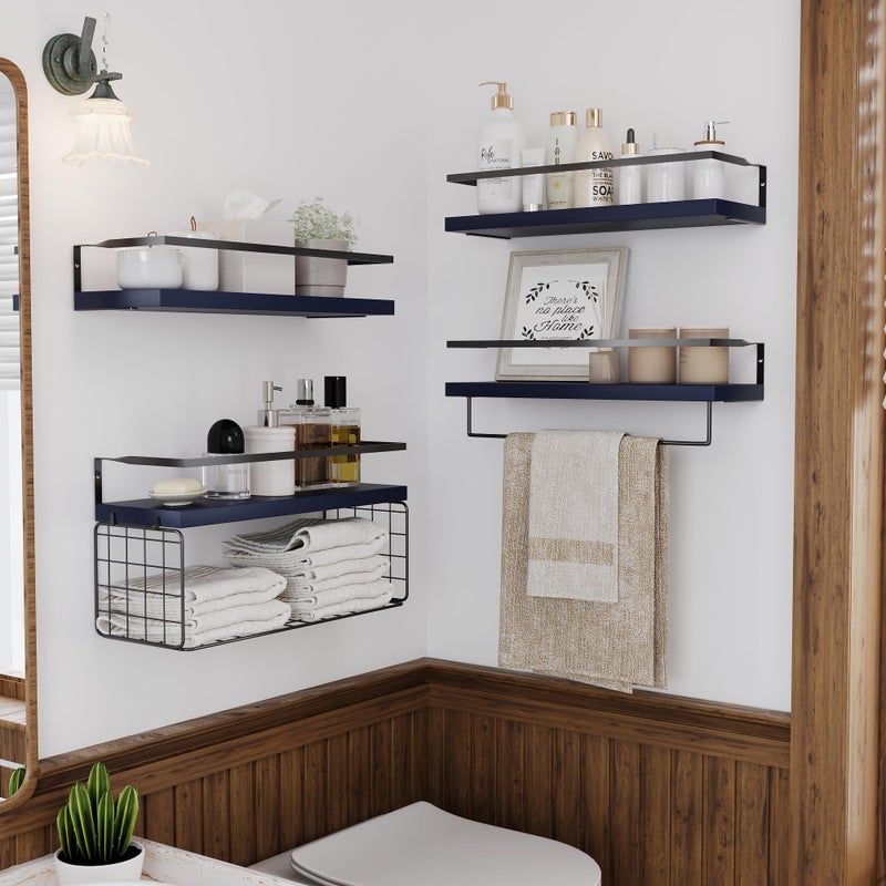 LUDORU Wood Floating Shelves Wall Mounted - 4+1 Tier Rustic Bathroom Wall Shelves Over Toilet with Wire Storage Basket and Towel Bar, set of 4 Farmhouse Floating Shelf for Bathroom, Kitchen,Navy Blue. - Image 2