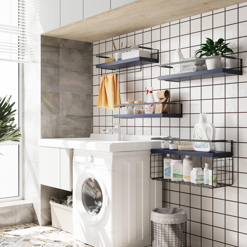 LUDORU Wood Floating Shelves Wall Mounted - 4+1 Tier Rustic Bathroom Wall Shelves Over Toilet with Wire Storage Basket and Towel Bar, set of 4 Farmhouse Floating Shelf for Bathroom, Kitchen,Navy Blue. - Image 5