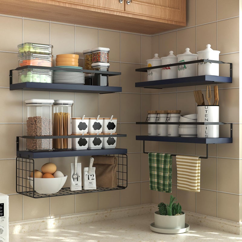 LUDORU Wood Floating Shelves Wall Mounted - 4+1 Tier Rustic Bathroom Wall Shelves Over Toilet with Wire Storage Basket and Towel Bar, set of 4 Farmhouse Floating Shelf for Bathroom, Kitchen,Navy Blue. - Image 4