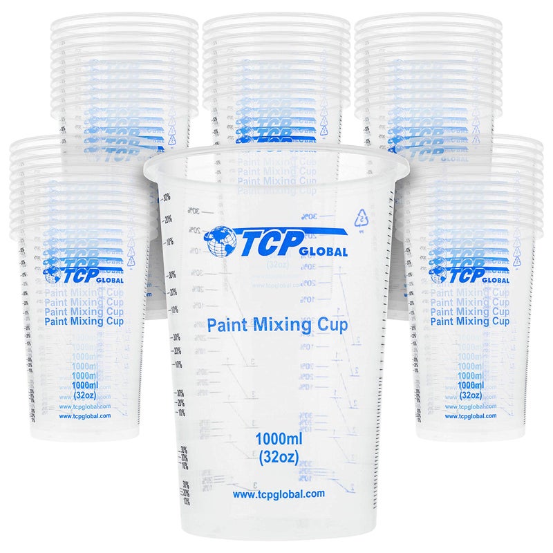 TCP Global TCP Global 32 Ounce (1000ml) Disposable Flexible Clear Graduated Plastic Mixing Cups - Box of 50 Cups - Use for Paint, Resin, Epoxy, Art, Kitchen, Cooking, Baking - Measuring Ratios 2-1, 3-1, 4-1, ML  - Image 1
