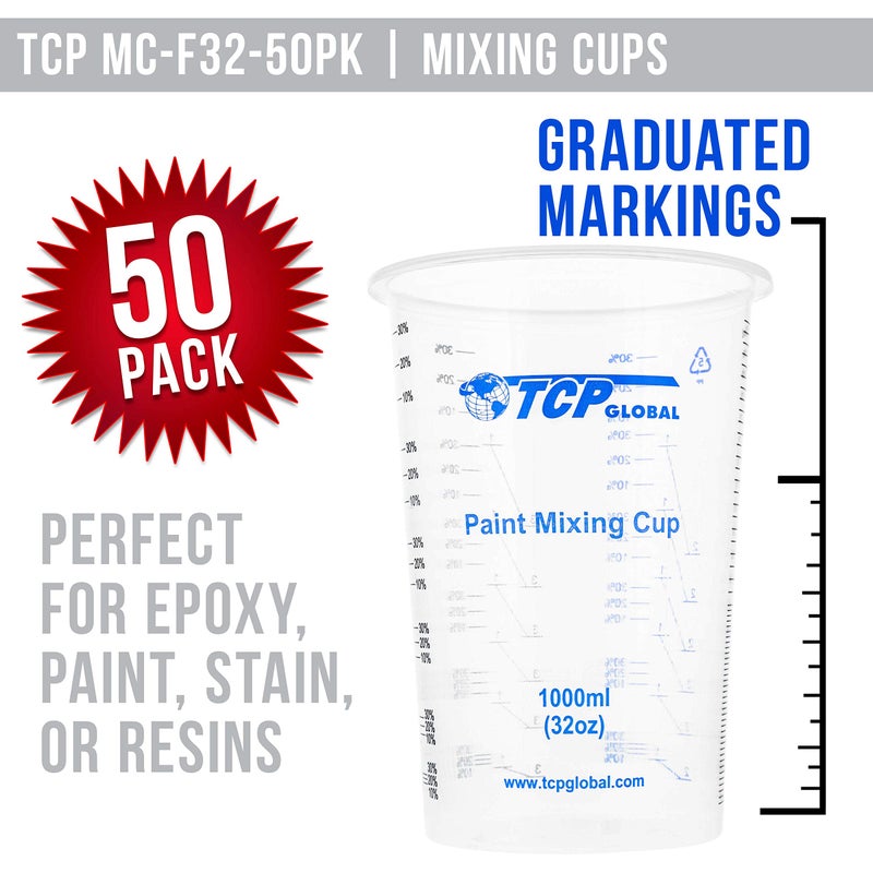 TCP Global TCP Global 32 Ounce (1000ml) Disposable Flexible Clear Graduated Plastic Mixing Cups - Box of 50 Cups - Use for Paint, Resin, Epoxy, Art, Kitchen, Cooking, Baking - Measuring Ratios 2-1, 3-1, 4-1, ML  - Image 2