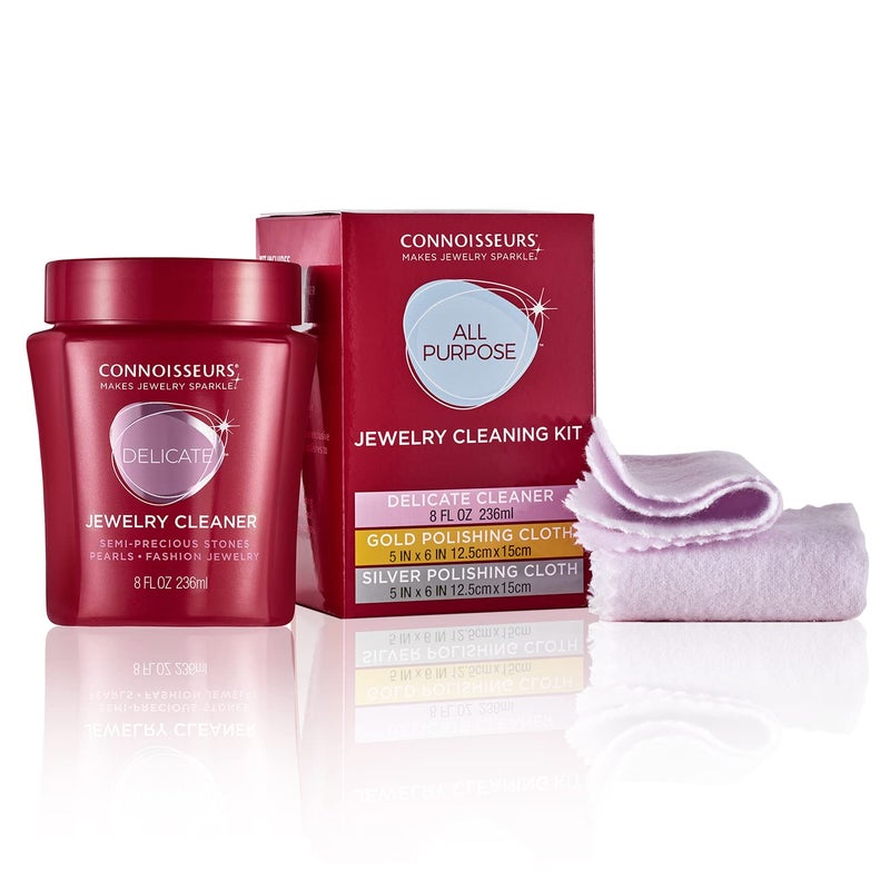 CONNOISSEURS All-Purpose Jewelry Cleaning Kit, Liquid Solution & Silver & Gold Jewelry Polishing Cloths, 8 Ounce - Image 2