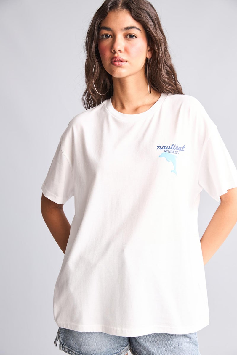DeFacto White Woman Oversize Fit Crew Neck Printed Short Sleeve T-Shirt Casual - Image 4