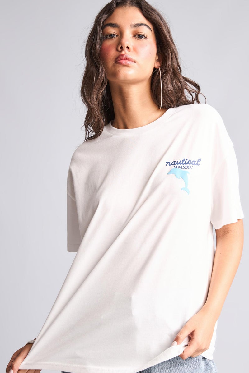 DeFacto White Woman Oversize Fit Crew Neck Printed Short Sleeve T-Shirt Casual - Image 3