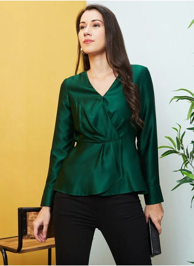 جلو باص Solid Satin V-Neck Wrap Top