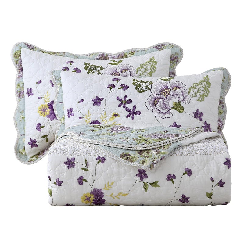 vctops 3Piece Floral Embroidered Quilt Set Oversize Queen 100 Cotton Ultra Soft Elegant Reversible Bedspread Coverlet Set with 2 Pillow Shams FloralOversize Queen