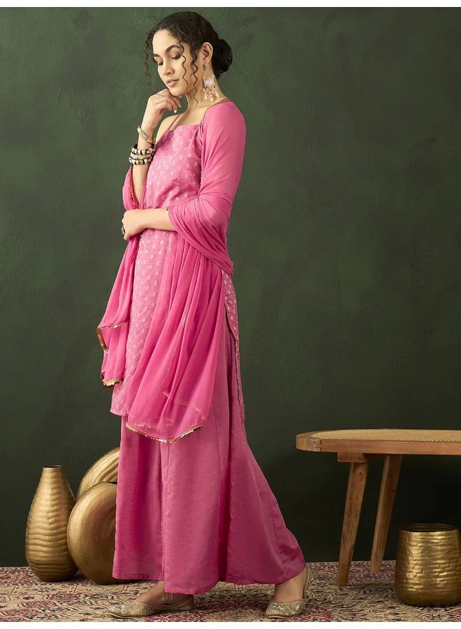 AKS  Ethnic Motifs Woven Design Shoulder Straps Straight Kurta With Palazzos & Dupatta for Women | Best Price UAE