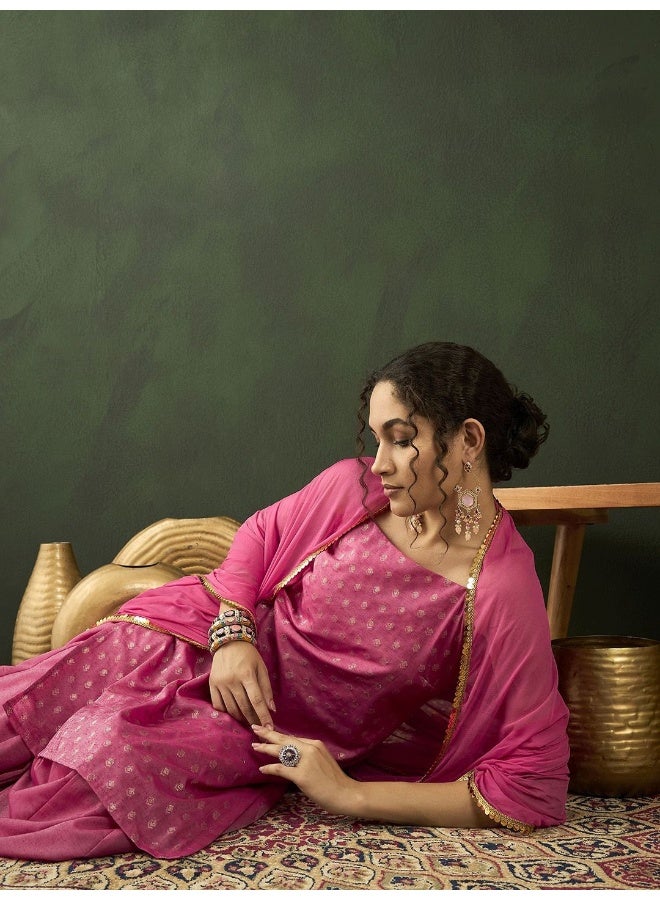 AKS Ethnic Motifs Woven Design Shoulder Straps Straight Kurta With Palazzos & Dupatta - Image 2