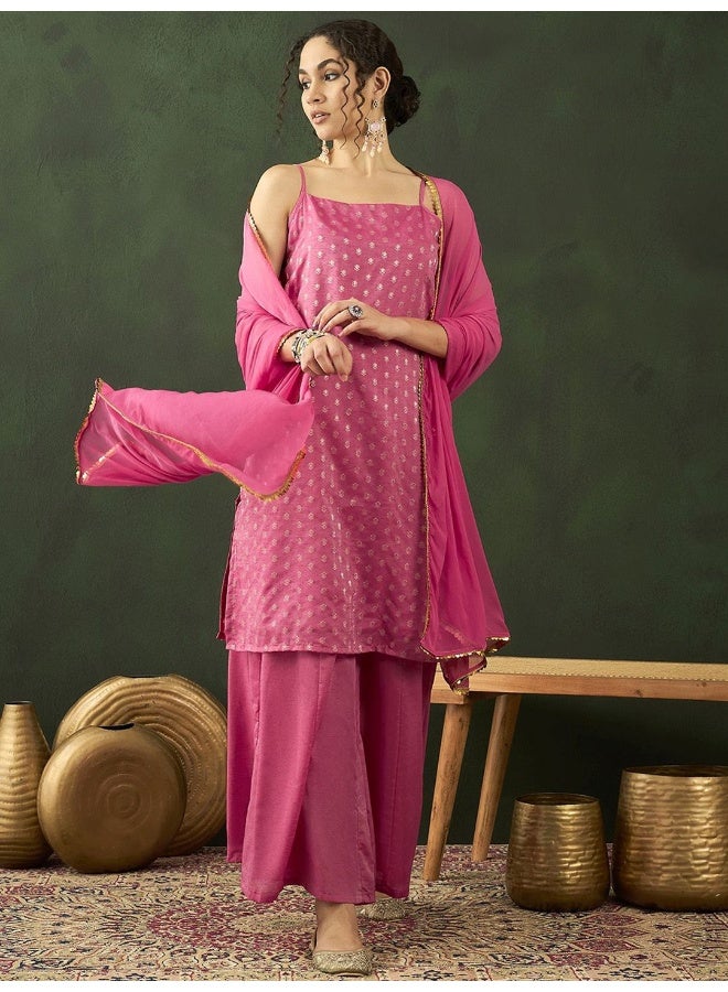 AKS Ethnic Motifs Woven Design Shoulder Straps Straight Kurta With Palazzos & Dupatta - Image 1
