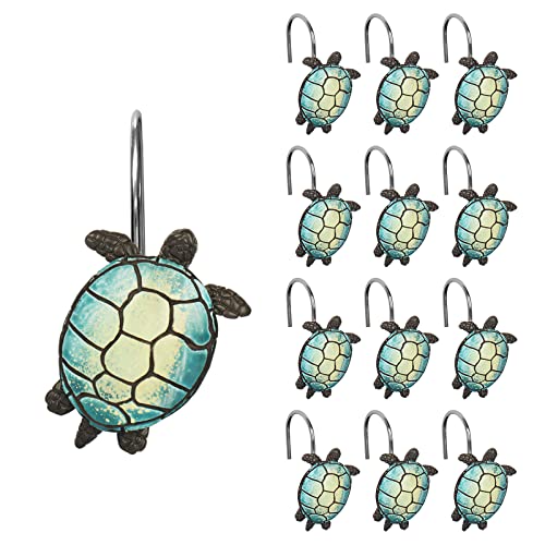 Sunlit Tilt Sea Turtle Shower Curtain Hooks Home Decorative Shower Curtain Rings for Bathroom Resin Ocean Shower Curtain Hanger Hooks for Kid Room Living Room Set of 12