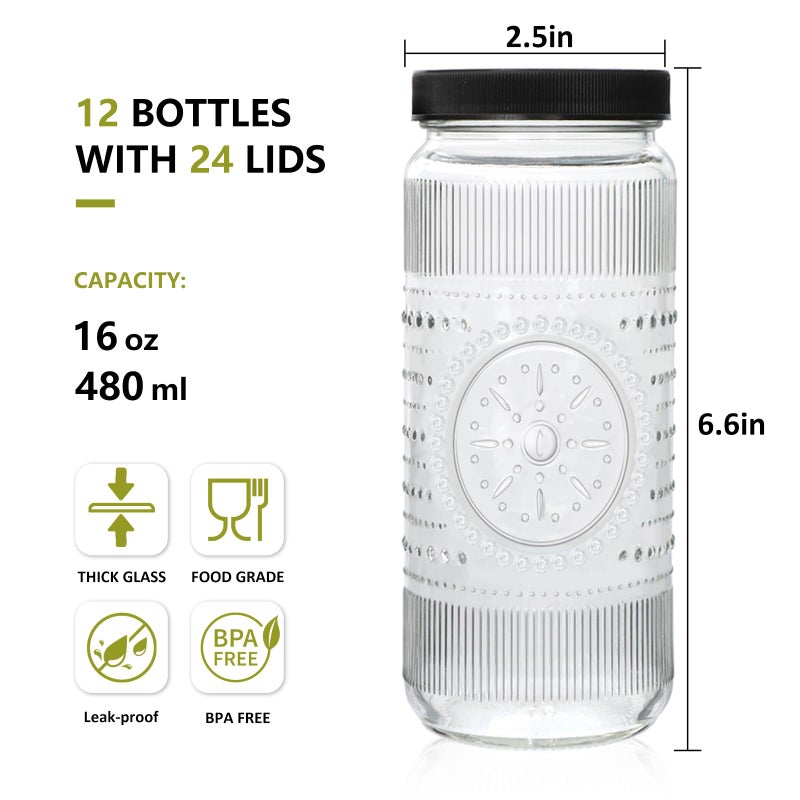 Encheng 12 Pack 16oz Glass Juice Bottles,Reusable Juicing Bottles with Lids and Straws,Embossed Juice Containers Kombucha Bottle Smoothies Jars for Water, Iced Coffee,Party,Travel - Image 2