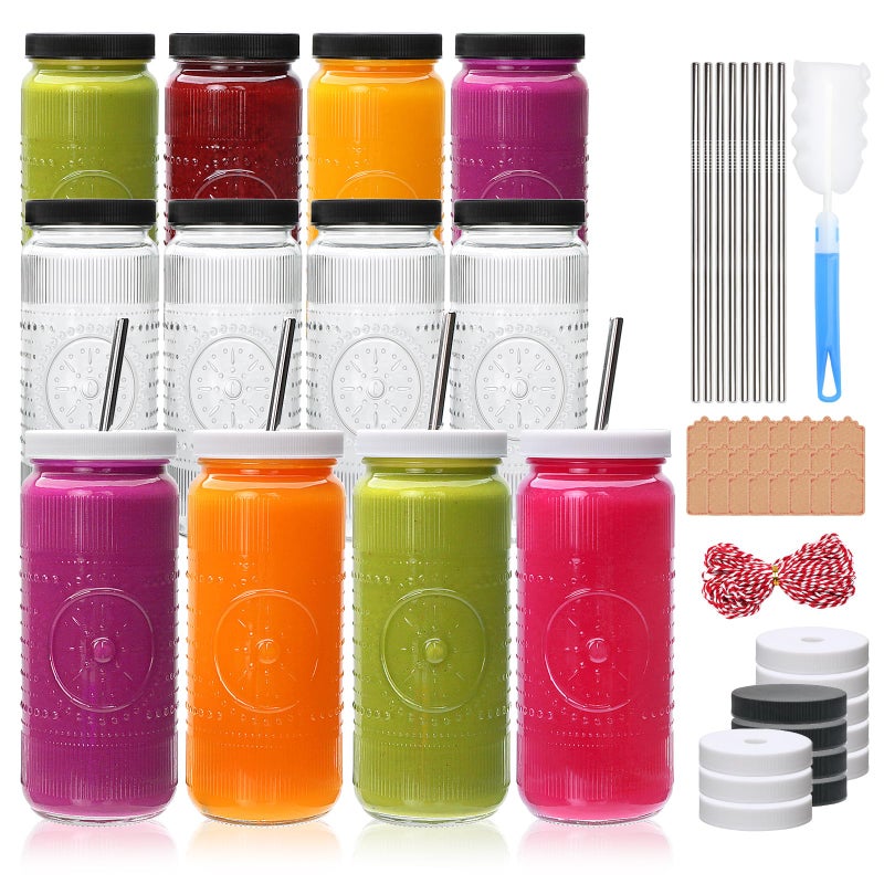 Encheng 12 Pack 16oz Glass Juice Bottles,Reusable Juicing Bottles with Lids and Straws,Embossed Juice Containers Kombucha Bottle Smoothies Jars for Water, Iced Coffee,Party,Travel - Image 1