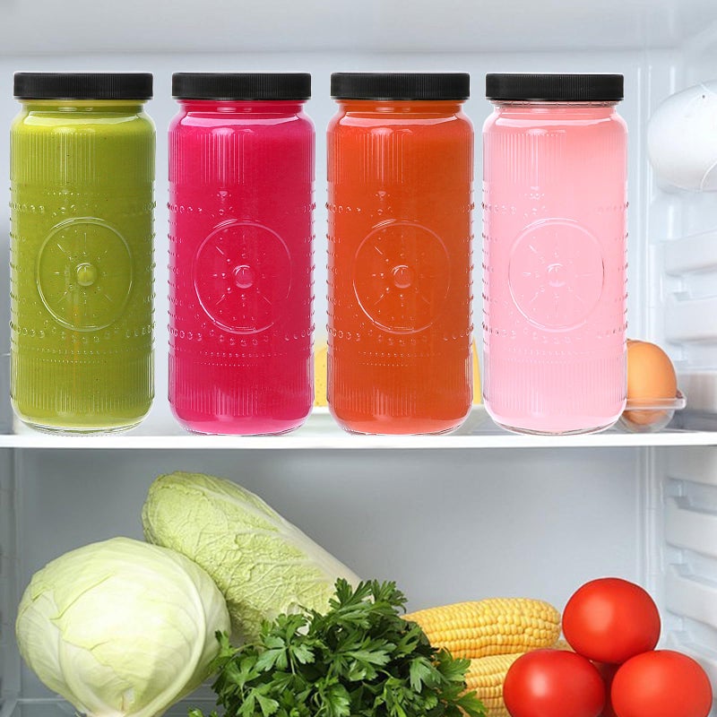 Encheng 12 Pack 16oz Glass Juice Bottles,Reusable Juicing Bottles with Lids and Straws,Embossed Juice Containers Kombucha Bottle Smoothies Jars for Water, Iced Coffee,Party,Travel - Image 5