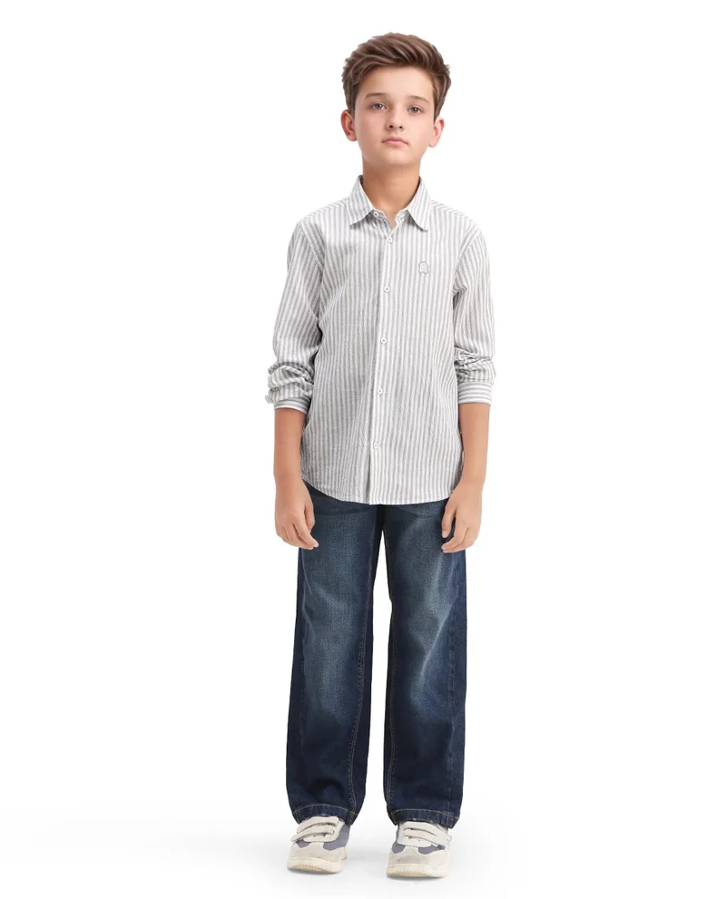Rare Ones Rare Ones Kids Seer Light Grey Cotton Blend Striped Button Closure Regular Fit Shirt
