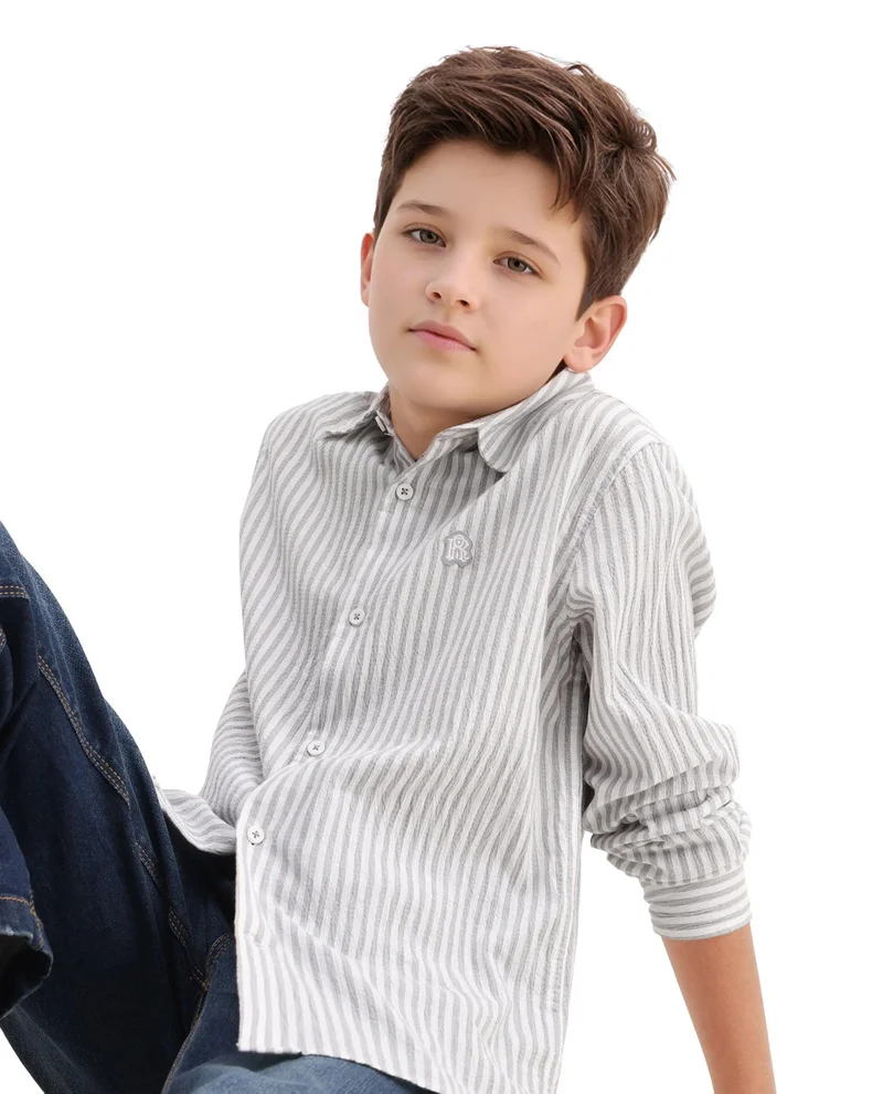 Rare Ones Rare Ones Kids Seer Light Grey Cotton Blend Striped Button Closure Regular Fit Shirt
