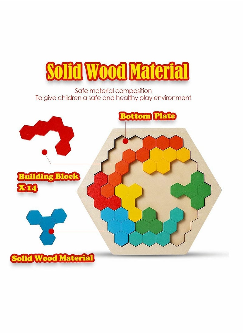 SYOSI - Wooden Hexagon Puzzle,Brain Teasers Toy Tangram Jigsaw Shape Pattern Block Colorful Toy Geometry Logic IQ Game STEM Montessori Educational Gift for All Ages Kids Children Adults Boys Girls Challenge - Image 1