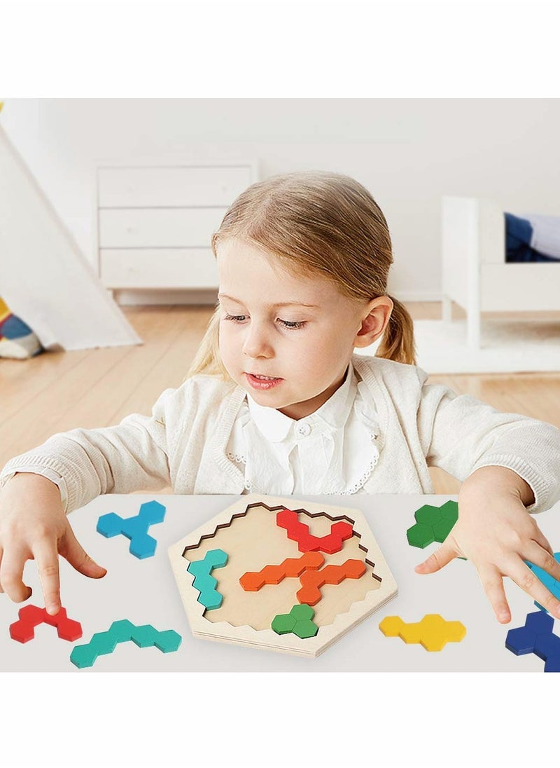 SYOSI - Wooden Hexagon Puzzle,Brain Teasers Toy Tangram Jigsaw Shape Pattern Block Colorful Toy Geometry Logic IQ Game STEM Montessori Educational Gift for All Ages Kids Children Adults Boys Girls Challenge - Image 1