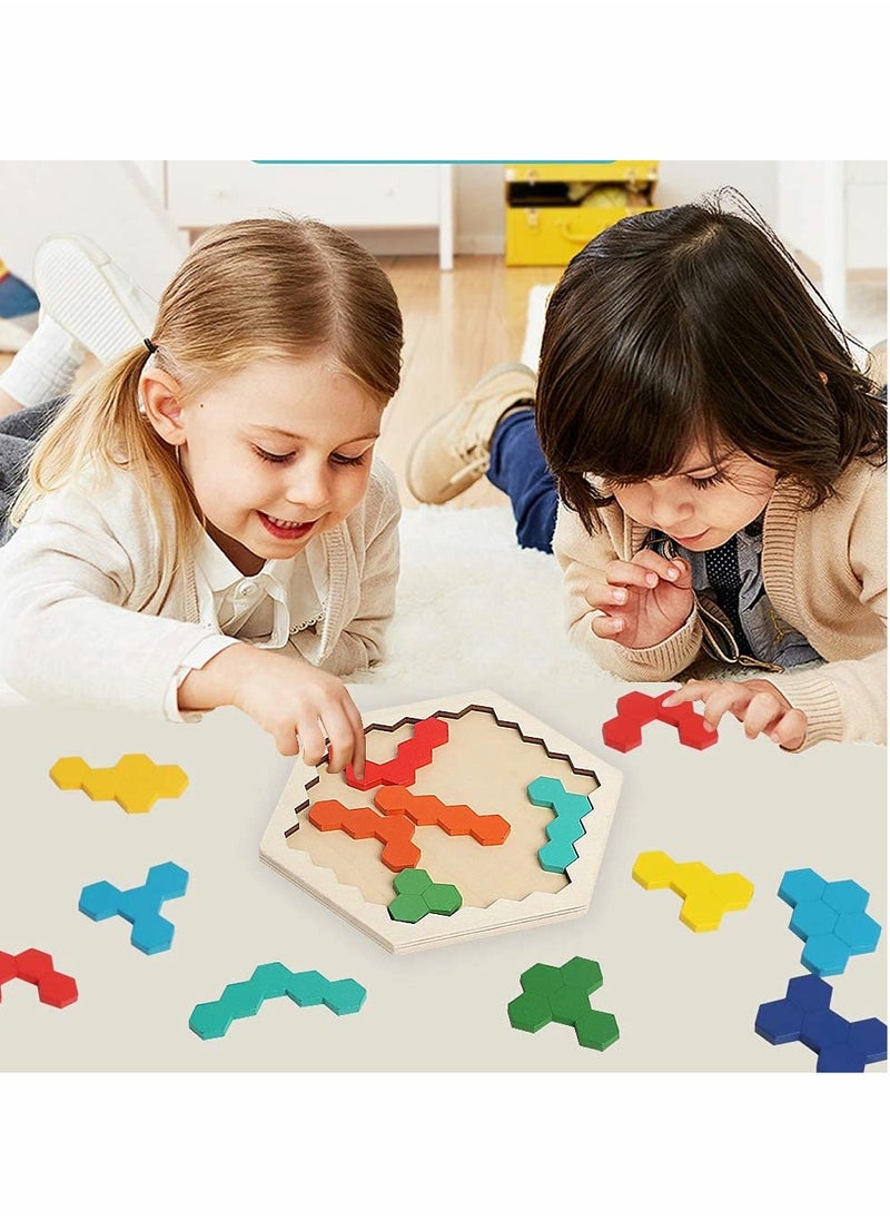 SYOSI - Wooden Hexagon Puzzle,Brain Teasers Toy Tangram Jigsaw Shape Pattern Block Colorful Toy Geometry Logic IQ Game STEM Montessori Educational Gift for All Ages Kids Children Adults Boys Girls Challenge - Image 1