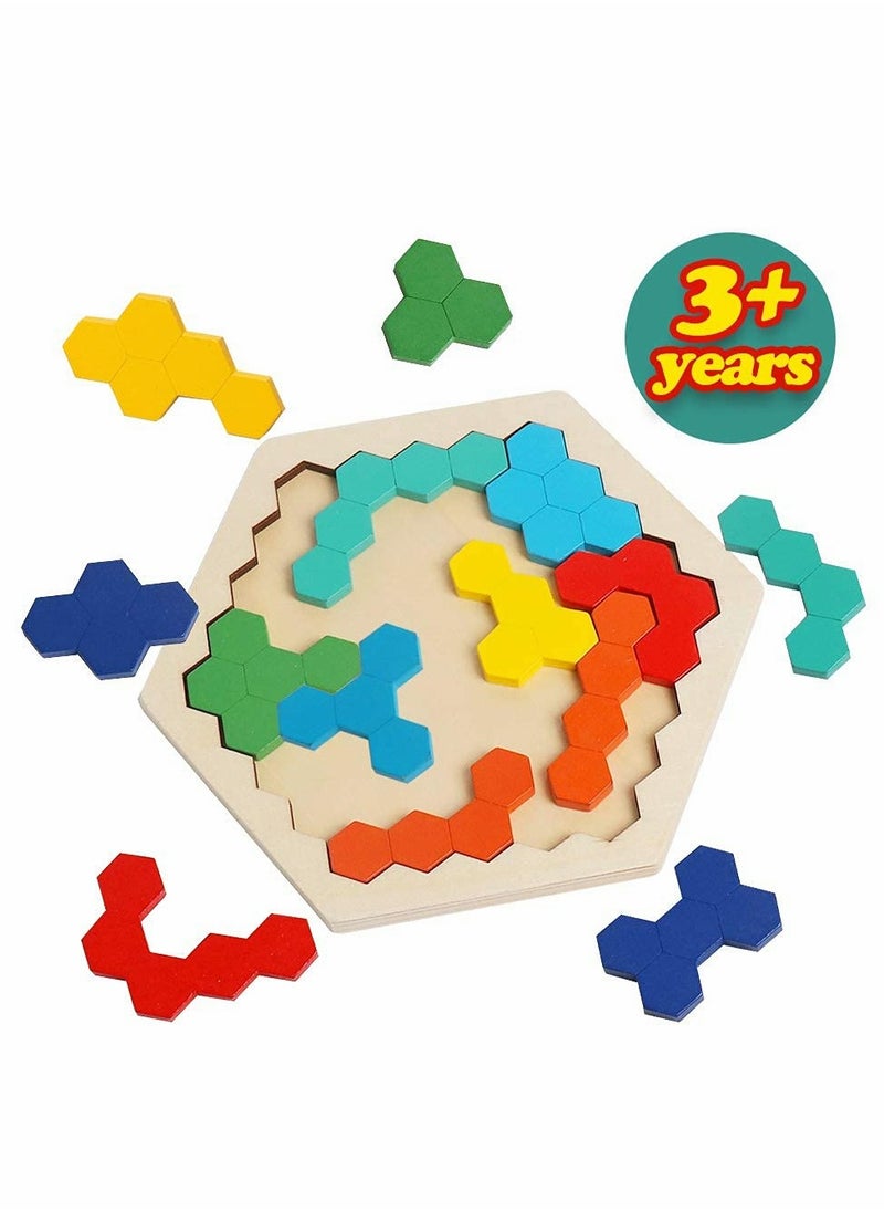 SYOSI - Wooden Hexagon Puzzle,Brain Teasers Toy Tangram Jigsaw Shape Pattern Block Colorful Toy Geometry Logic IQ Game STEM Montessori Educational Gift for All Ages Kids Children Adults Boys Girls Challenge - Image 1