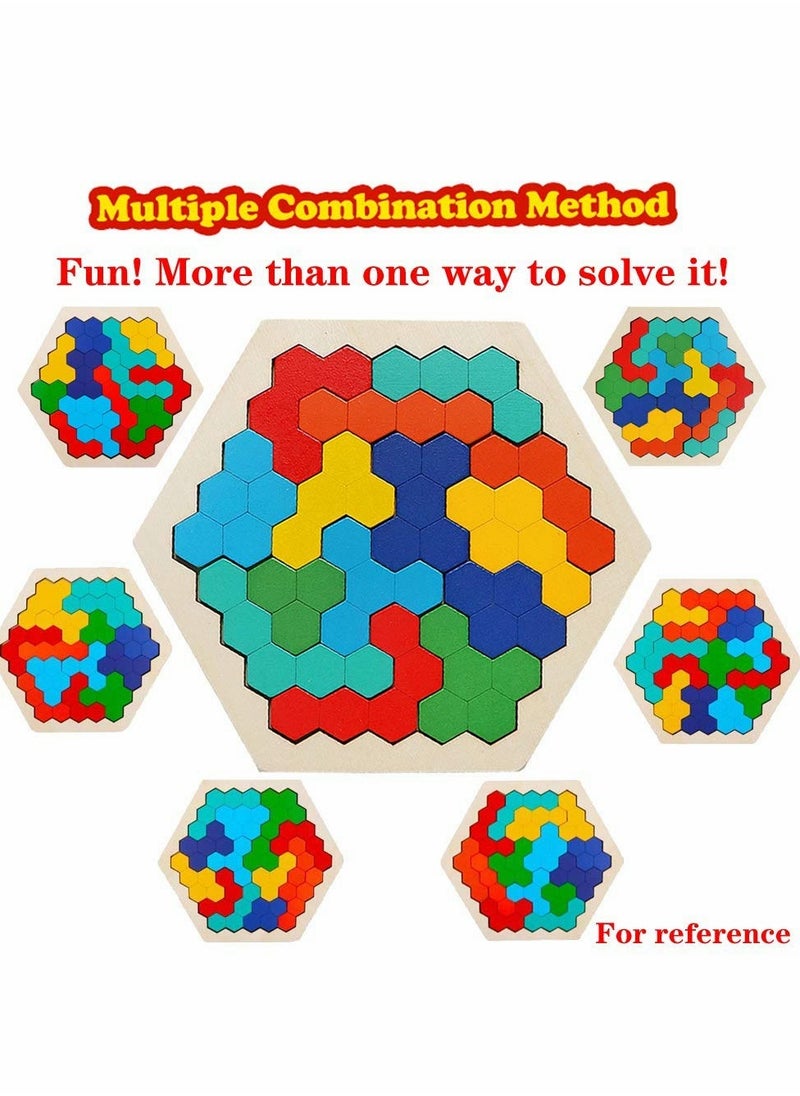 SYOSI - Wooden Hexagon Puzzle,Brain Teasers Toy Tangram Jigsaw Shape Pattern Block Colorful Toy Geometry Logic IQ Game STEM Montessori Educational Gift for All Ages Kids Children Adults Boys Girls Challenge - Image 1