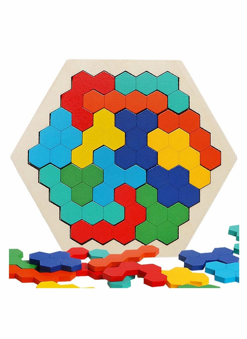 SYOSI - Wooden Hexagon Puzzle,Brain Teasers Toy Tangram Jigsaw Shape Pattern Block Colorful Toy Geometry Logic IQ Game STEM Montessori Educational Gift for All Ages Kids Children Adults Boys Girls Challenge - Image 1