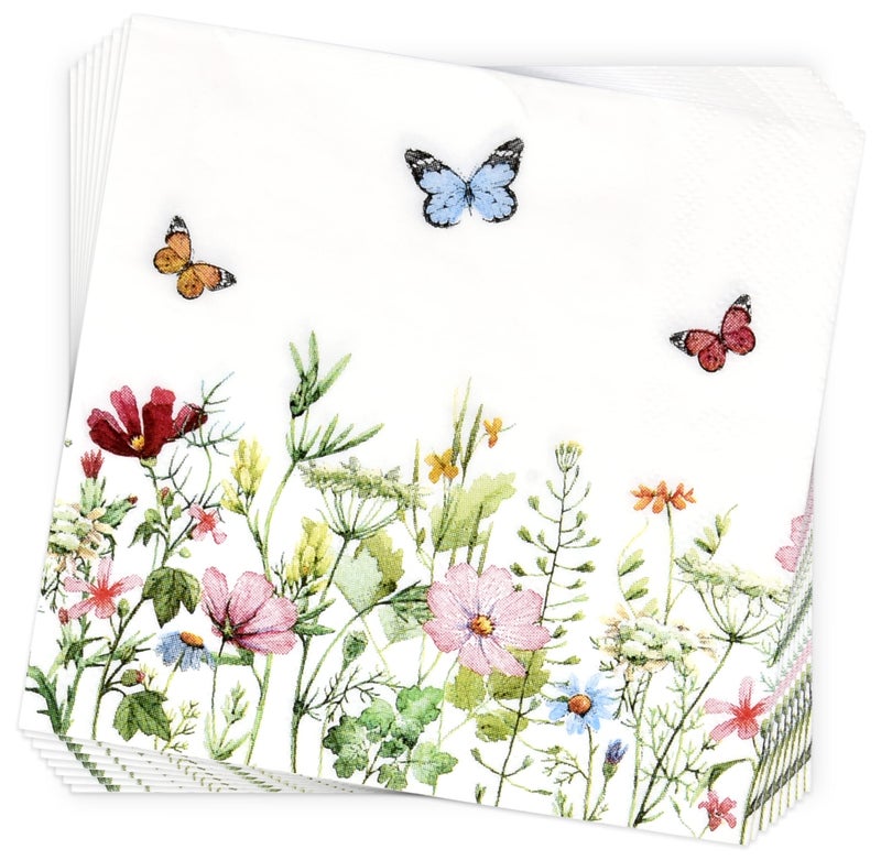 Gift Boutique Gift Boutique 100 Pcs Floral Wildflower Cocktail Beverage Napkins Disposable Paper Butterfly Wild Flower Dessert Napkin for Tableware Party Supplies  - Image 4
