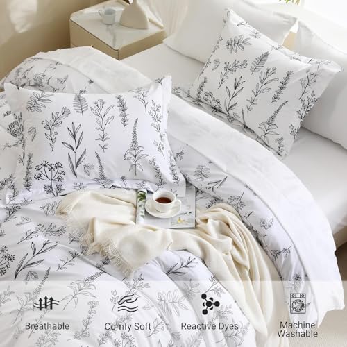 MUXHOMO Duvet Cover Queen Size, Reversible Floral White Duvet Cover Set with Zipper Closure, 3 Pieces Botanical Patterns Soft Microfiber Bedding Set with 4 Ties (90"x90", 2 Pillow Cases) - Image 5