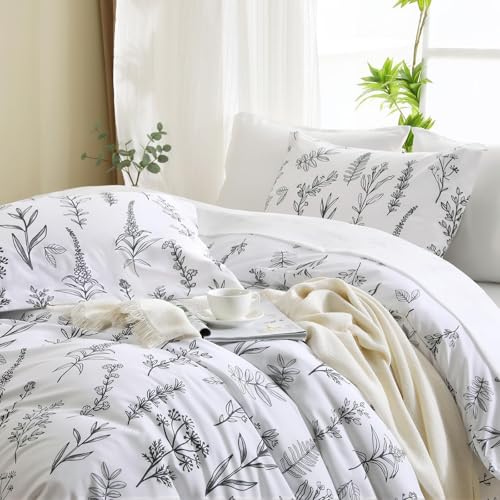 MUXHOMO Duvet Cover Queen Size, Reversible Floral White Duvet Cover Set with Zipper Closure, 3 Pieces Botanical Patterns Soft Microfiber Bedding Set with 4 Ties (90"x90", 2 Pillow Cases) - Image 2