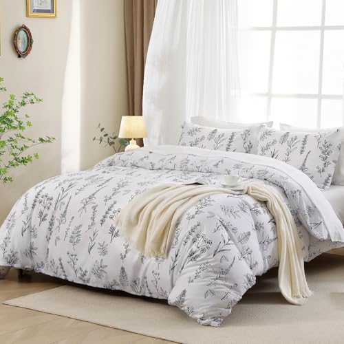 MUXHOMO Duvet Cover Queen Size, Reversible Floral White Duvet Cover Set with Zipper Closure, 3 Pieces Botanical Patterns Soft Microfiber Bedding Set with 4 Ties (90"x90", 2 Pillow Cases) - Image 3