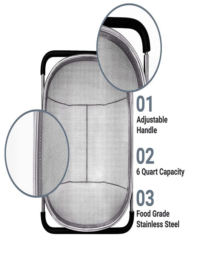 Ghini® Over The Sink Colander with Expandable Rubber Grip Handles - Fine Mesh Oval Strainer in Stainless Steel - Strain, Drain, Rinse Fruits and Vegetables - Dishwasher Safe (1) - Image 2