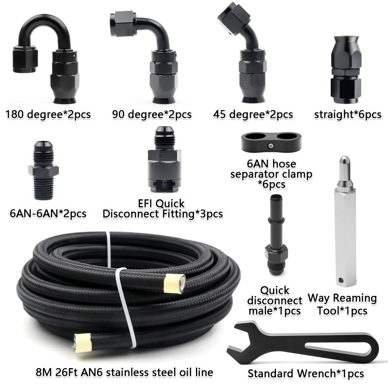 Medoon 6AN PTFE Fuel Line Kit, Nylon Stainless Steel Braided Fuel Hose, LS Swap EFI E85 Injection Fuel PTFE Fitting 3/8" 26FT - Image 2