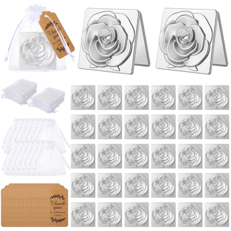 30 Sets Sliver Compact Mirrors for Christmas Bulk Gifts Pocket Mirror with Thank You Tags and Organza Bags for Women, Wedding Gifts, Bridal Shower - Image 1