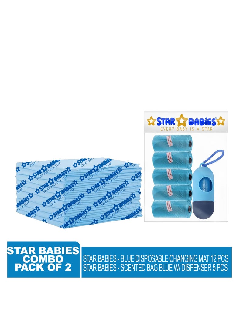 STAR BABiES Star Babies - Combo Pack of 2- Disposable Changing Mat Pack of 12 with Scented Bag (5 Pcs w/Dispenser) - Blue  - Image 2