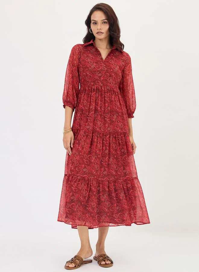 Femmella Maroon Paisley Print Tiered Maxi Dress