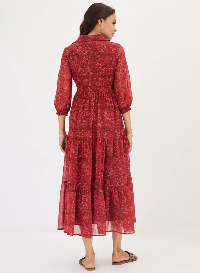 Femmella Maroon Paisley Print Tiered Maxi Dress