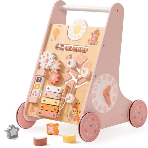 ROBUD Wooden Baby Walker Baby Push Walker with Activity Center and Storage Montessori Walker Toy for Boys and Girls Learning to Stand and Walk Pink - Image 1