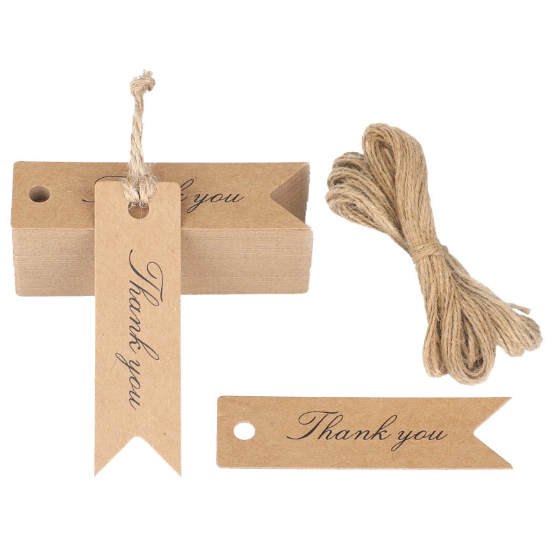 G2PLUS Mini Thank You Tags 100PCS Small Gift Tags with String Paper Hang Tag Kraft Paper Gift Tag with Jute Twine for Arts and Crafts Wedding Christmas Thanksgiving Brown