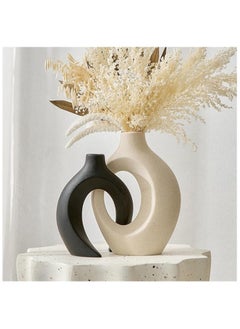Generic Set of 2 Hollow Ceramic Vases – Black & White Modern Decorative Flower Vases for Wedding, Home & Office Décor, Table Centerpieces, Shelf & Mantel Aesthetic Accents  - Image 1