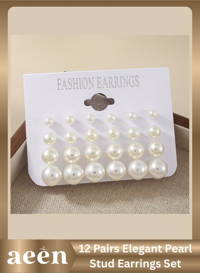 aeen 12 Pairs Elegant Imitation Pearl Stud Earrings Set – Natural Color, 4 Size Options, Classic Round Design, Lightweight Hypoallergenic Fashion Jewelry for Women & Girls - Image 1