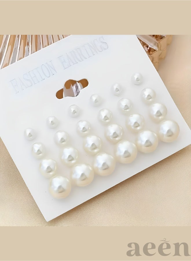 aeen 12 Pairs Elegant Imitation Pearl Stud Earrings Set – Natural Color, 4 Size Options, Classic Round Design, Lightweight Hypoallergenic Fashion Jewelry for Women & Girls - Image 5