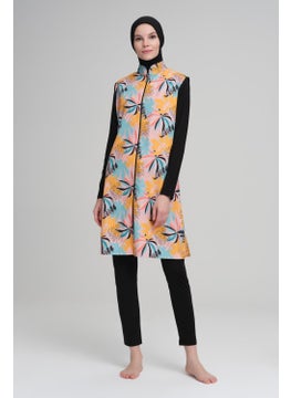 Nehar Pastel Palm Tree Patterned Black Vest 3 Piece Hijab Swimsuit Set 2207  - Image 1