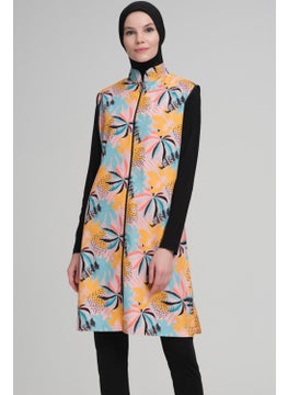 Nehar Pastel Palm Tree Patterned Black Vest 3 Piece Hijab Swimsuit Set 2207  - Image 2